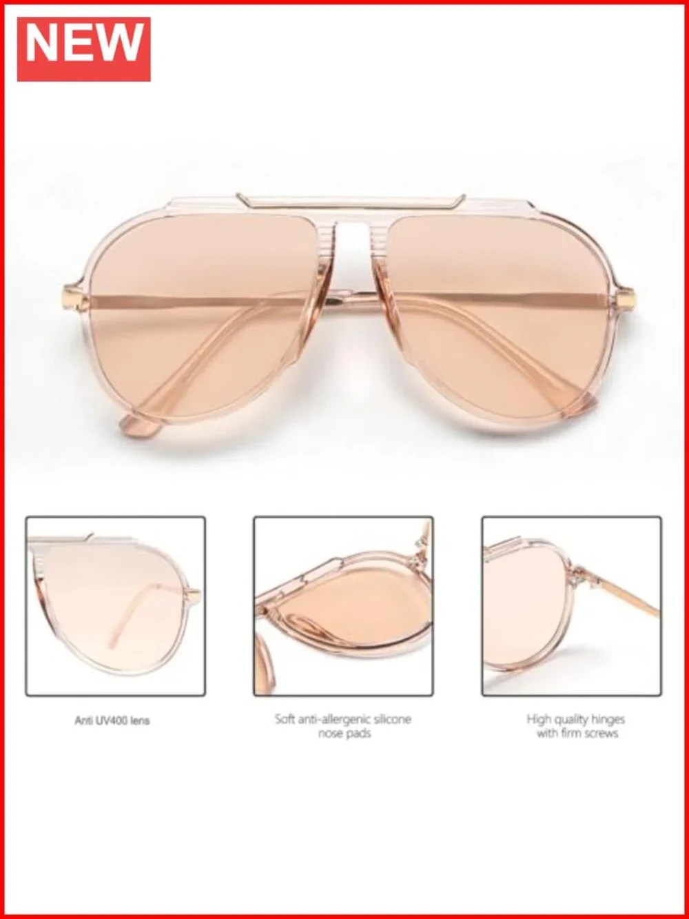 Retro 70s Oversized Aviator Sunglasses Gold Metal Tangle-Free UV400